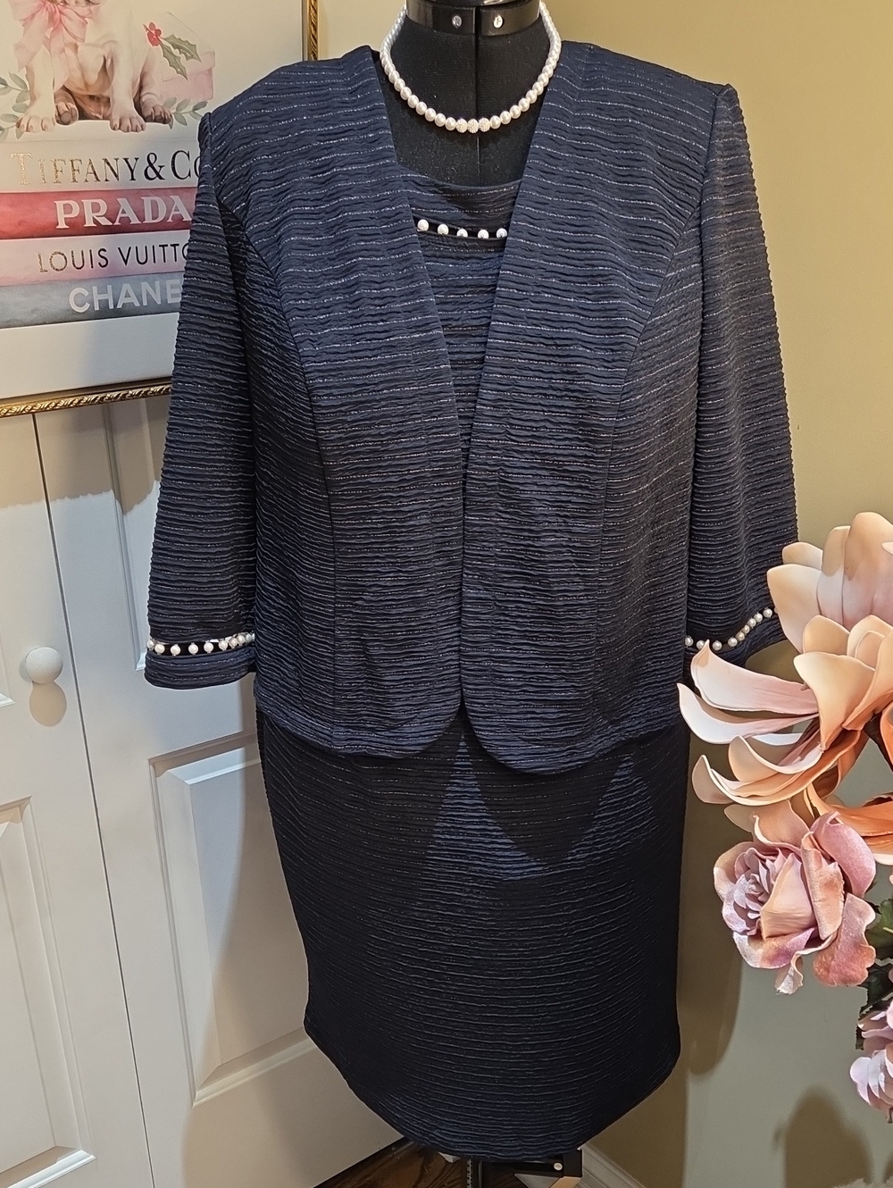 Nwot 18W Maya Brook Classic Navy Pearl-Trim Midi Dress Set - Women